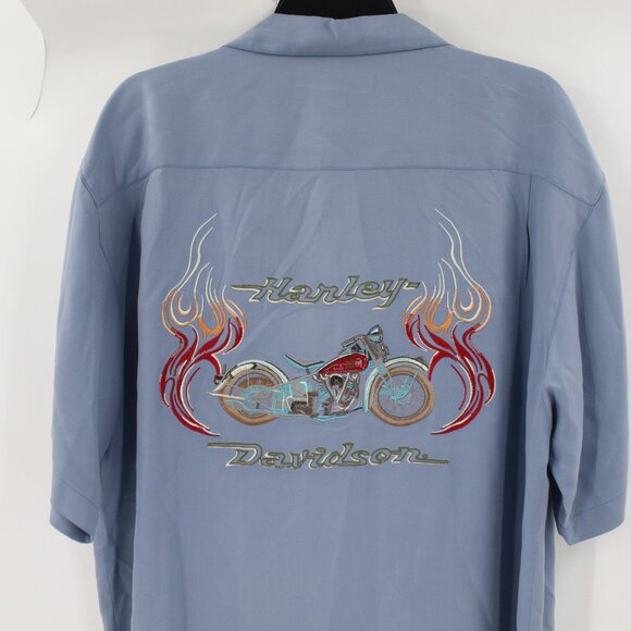Tommy Bahama shirt Mens Large Harley Davidson Embroidered Silk Short Sleeve blue - Picture 2 of 15